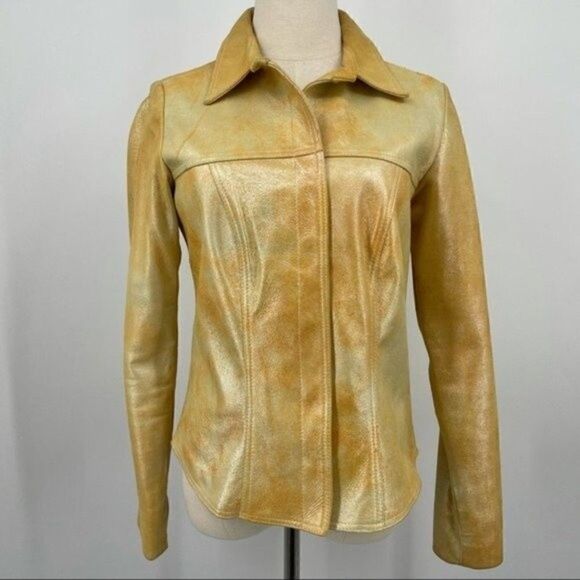 Vintage Neto yellow metallic sheen leather shaket jacket size 8 Y2K BoxM - Picture 7 of 7